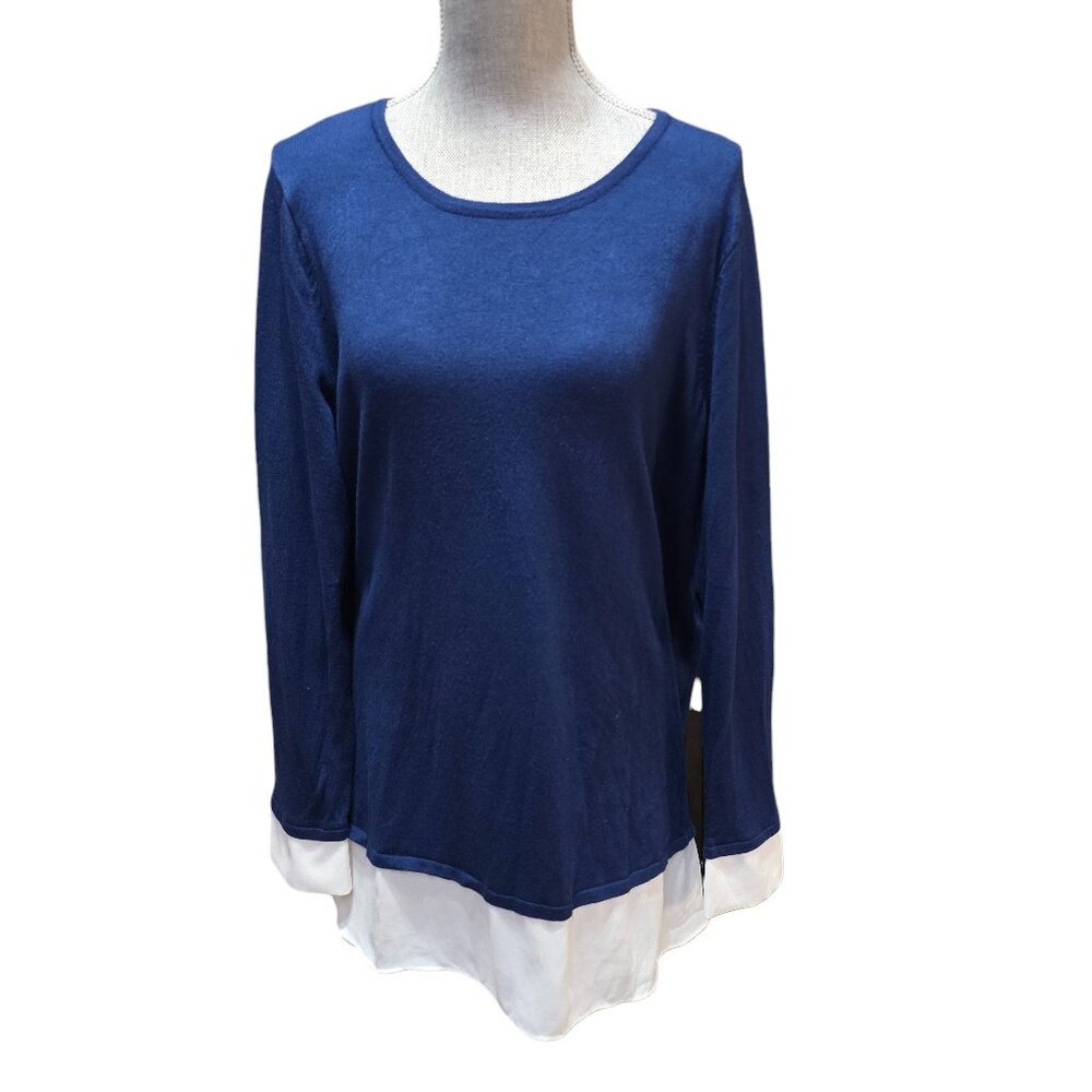 Susan Graver Rayon Nylon Sweater with Feather Weave Combo Navy Blue 1X A269223